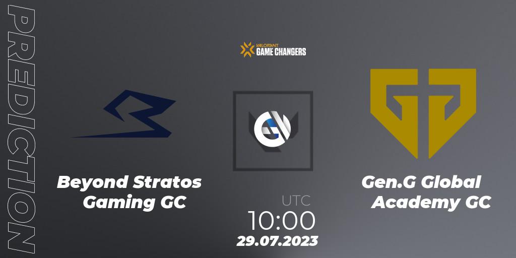 Beyond Stratos Gaming GC contre Gen.G Global Academy GC : prédiction de match. 29.07.2023 at 09:30. VALORANT, VCT 2023: Game Changers Korea Stage 1