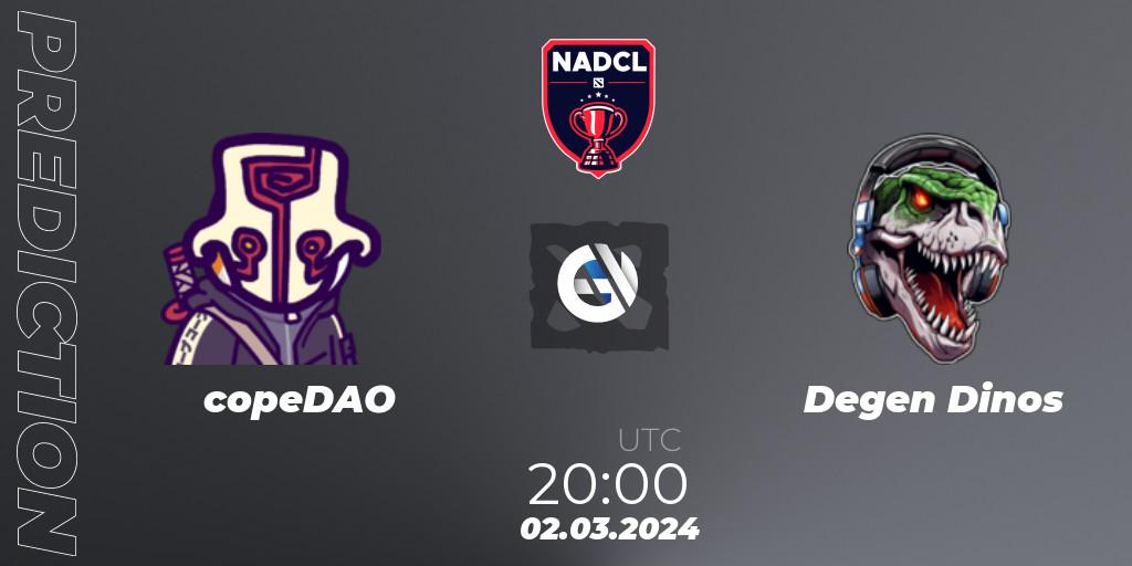 copeDAO contre Degen Dinos : prédiction de match. 02.03.2024 at 20:00. Dota 2, North American Dota Challengers League Season 6 Division 1