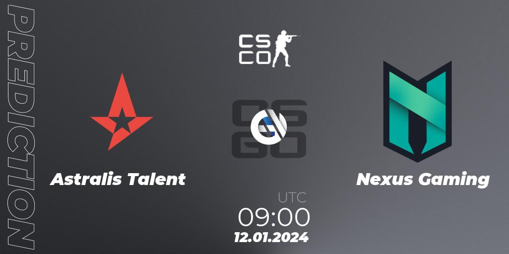 Astralis Talent contre Nexus Gaming : prédiction de match. 12.01.2024 at 09:00. Counter-Strike (CS2), European Pro League Season 14: Division 2