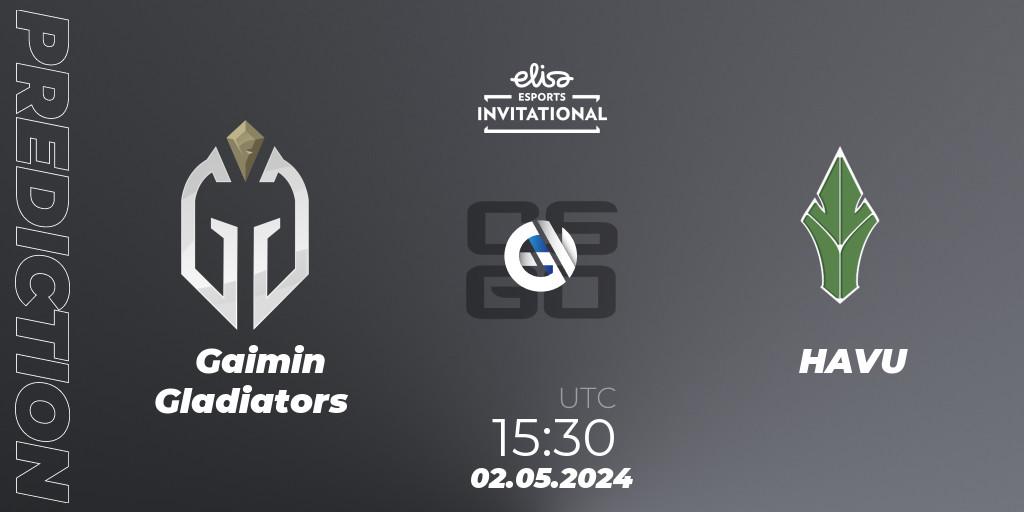 Gaimin Gladiators contre HAVU : prédiction de match. 02.05.2024 at 15:30. Counter-Strike (CS2), Elisa Invitational Spring 2024