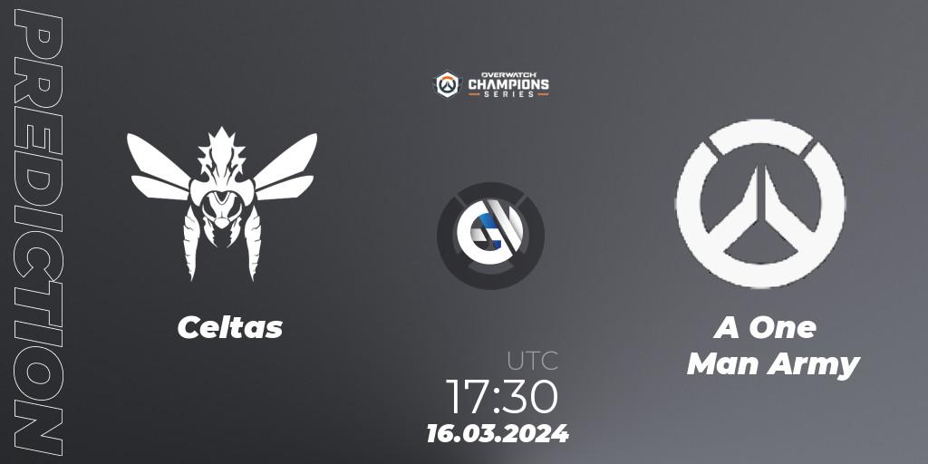 Celtas contre A One Man Army : prédiction de match. 16.03.2024 at 17:30. Overwatch, Overwatch Champions Series 2024 - EMEA Stage 1 Group Stage