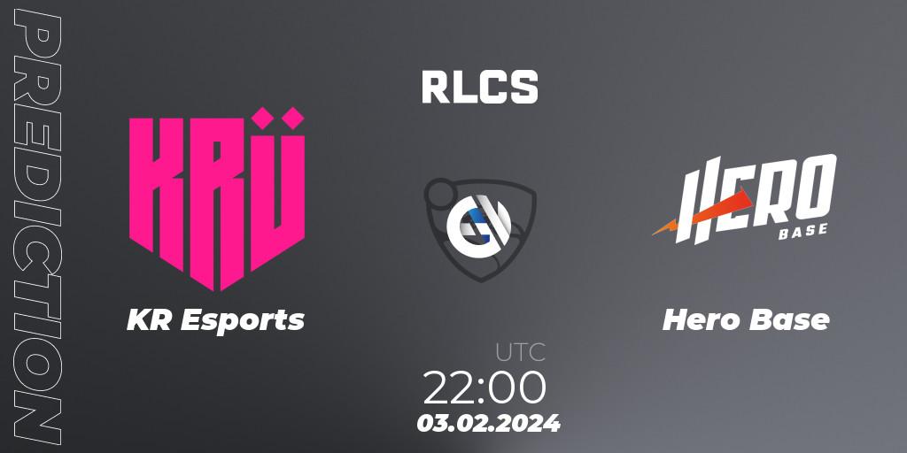 KRÜ Esports contre Hero Base : prédiction de match. 03.02.2024 at 19:00. Rocket League, RLCS 2024 - Major 1: SAM Open Qualifier 1