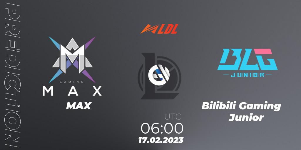 MAX contre Bilibili Gaming Junior : prédiction de match. 17.02.2023 at 06:00. LoL, LDL 2023 - Regular Season