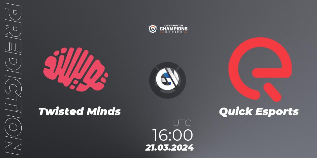 Twisted Minds contre Quick Esports : prédiction de match. 21.03.2024 at 16:30. Overwatch, Overwatch Champions Series 2024 - EMEA Stage 1 Main Event