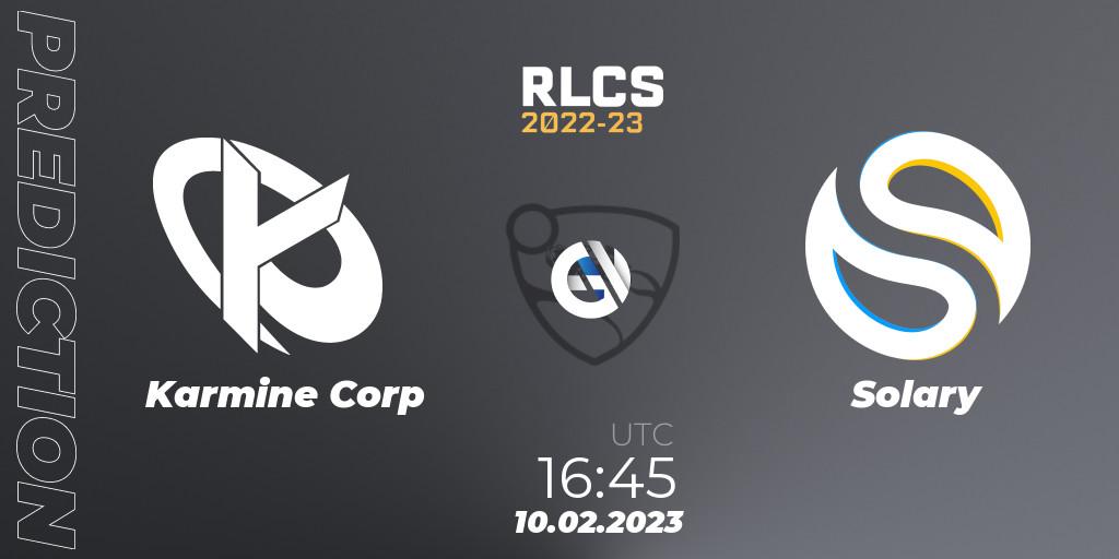 Karmine Corp contre Solary : prédiction de match. 10.02.2023 at 16:45. Rocket League, RLCS 2022-23 - Winter: Europe Regional 2 - Winter Cup