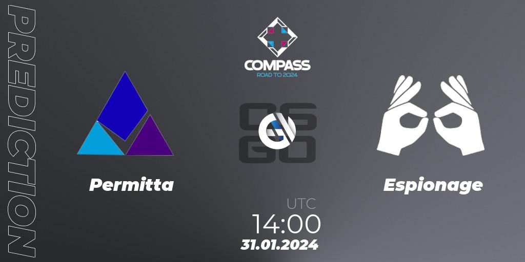 Permitta contre Espionage : prédiction de match. 31.01.2024 at 14:00. Counter-Strike (CS2), YaLLa Compass Spring 2024 Contenders