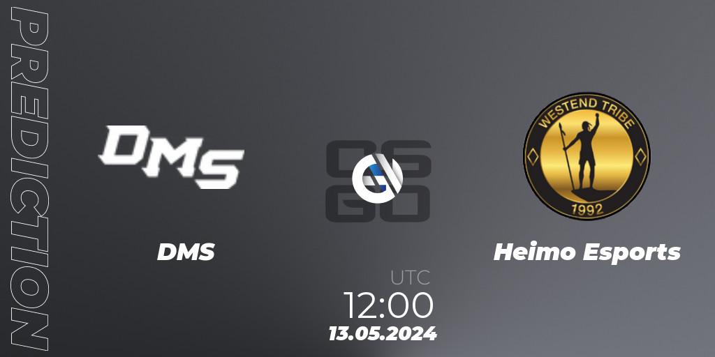 DMS contre Heimo Esports : prédiction de match. 13.05.2024 at 12:25. Counter-Strike (CS2), CCT Season 2 Europe Series 4 Closed Qualifier