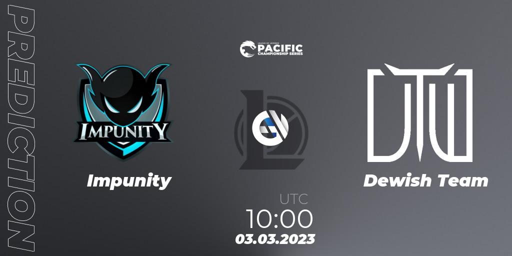 Impunity contre Dewish Team : prédiction de match. 03.03.2023 at 10:00. LoL, PCS Spring 2023 - Group Stage