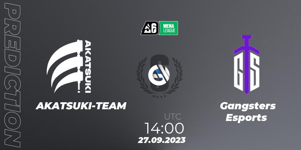 AKATSUKI-TEAM contre Gangsters Esports : prédiction de match. 27.09.2023 at 14:00. Rainbow Six, MENA League 2023 - Stage 2