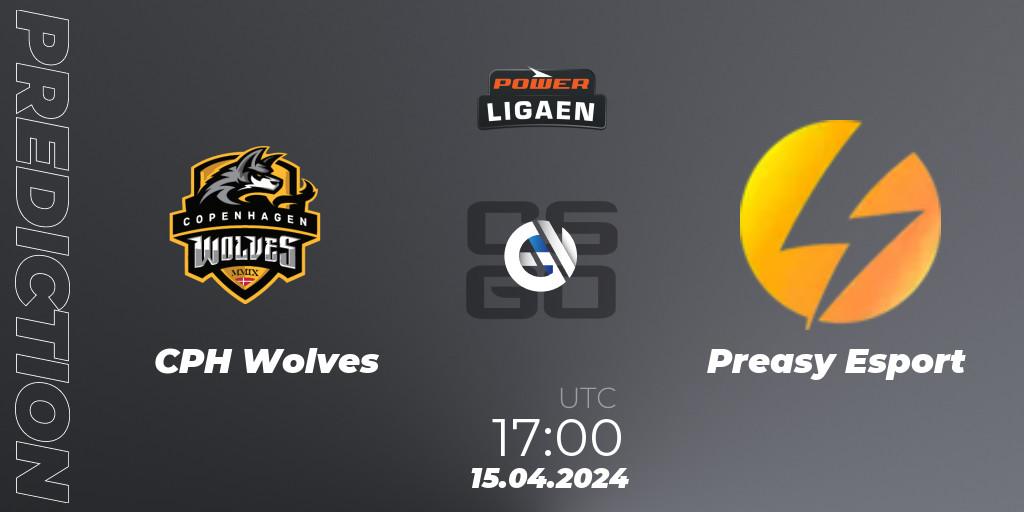 CPH Wolves contre Preasy Esport : prédiction de match. 15.04.2024 at 17:00. Counter-Strike (CS2), Dust2.dk Ligaen Season 26