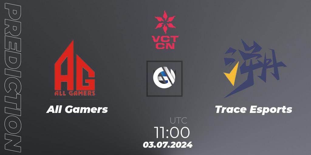 All Gamers contre Trace Esports : prédiction de match. 03.07.2024 at 11:00. VALORANT, VALORANT Champions Tour China 2024: Stage 2 - Group Stage