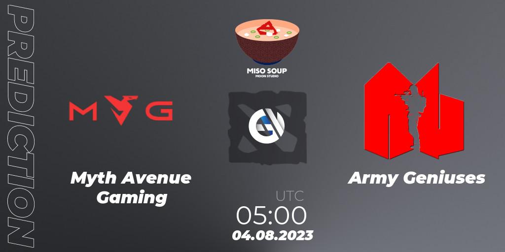 Myth Avenue Gaming contre Army Geniuses : prédiction de match. 04.08.2023 at 08:17. Dota 2, Moon Studio Miso Soup