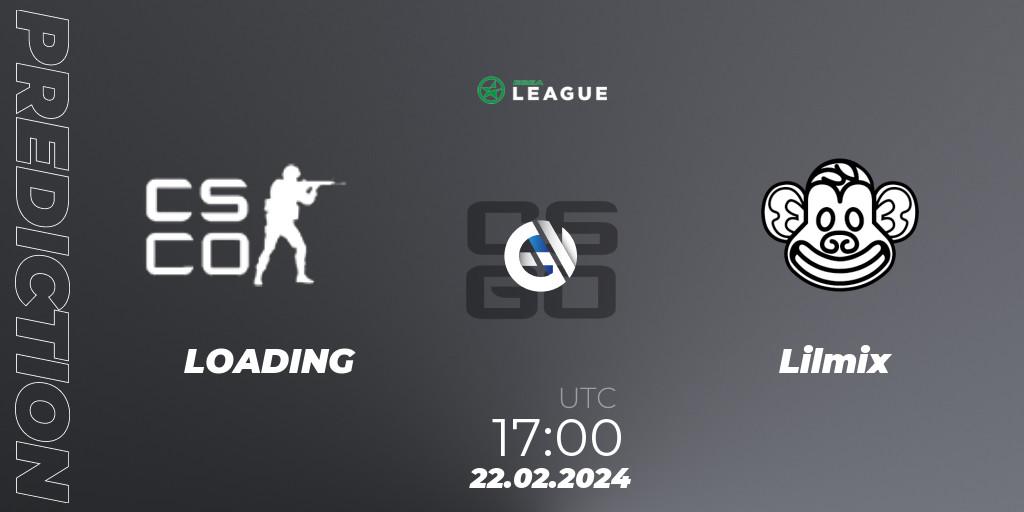 LOADING contre Lilmix : prédiction de match. 22.02.2024 at 17:00. Counter-Strike (CS2), ESEA Season 48: Advanced Division - Europe