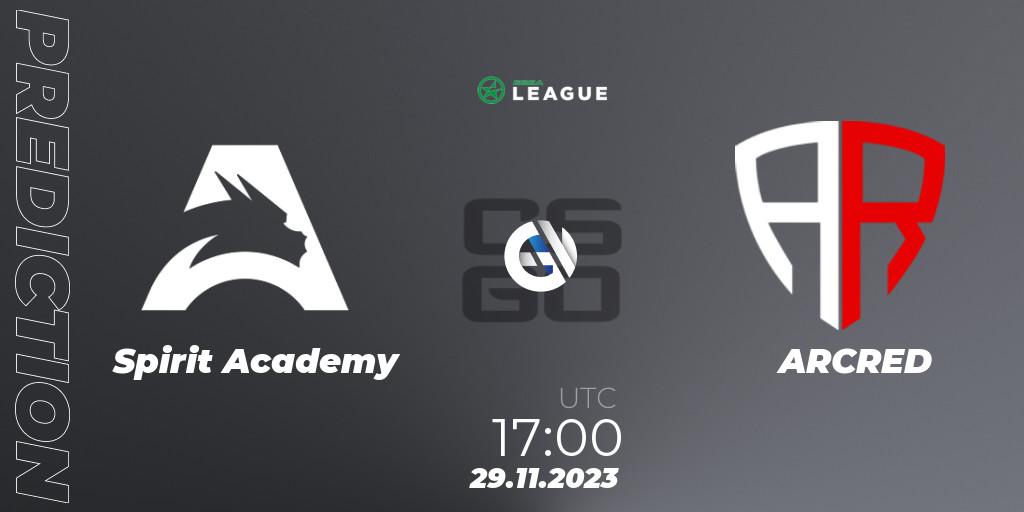 Spirit Academy contre ARCRED : prédiction de match. 29.11.2023 at 17:00. Counter-Strike (CS2), ESEA Season 47: Advanced Division - Europe