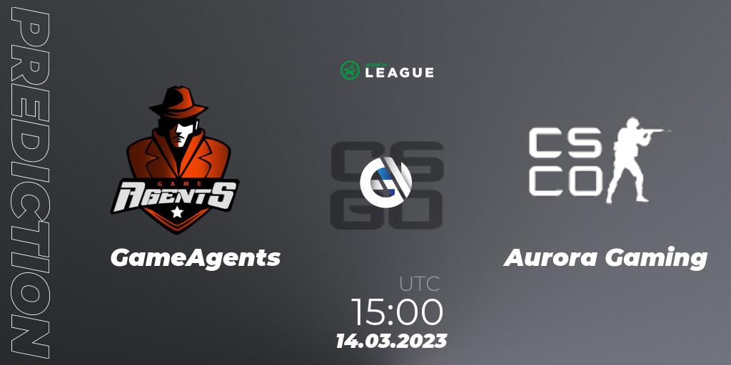 GameAgents contre Aurora : prédiction de match. 14.03.2023 at 15:00. Counter-Strike (CS2), ESEA Season 44: Main Division - Europe