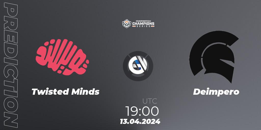 Twisted Minds contre Deimpero : prédiction de match. 13.04.2024 at 19:00. Overwatch, Overwatch Champions Series 2024 - EMEA Stage 2 Group Stage