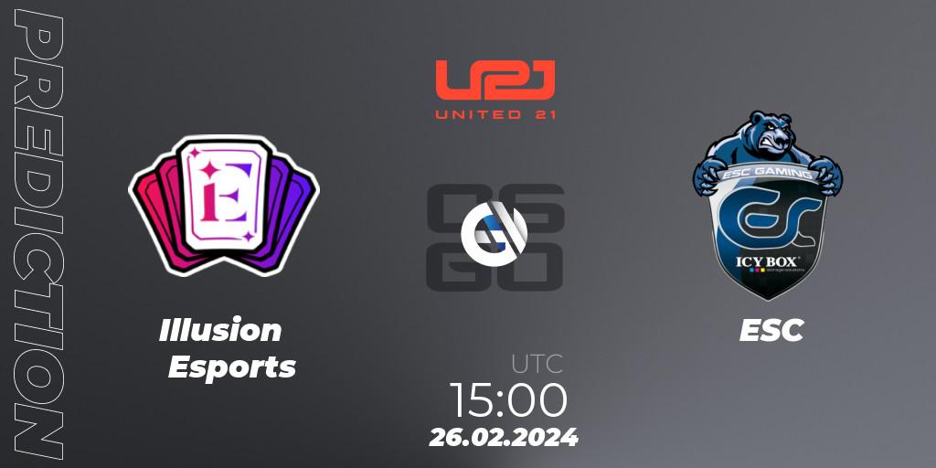 Illusion Esports contre ESC : prédiction de match. 26.02.2024 at 15:00. Counter-Strike (CS2), United21 Season 11: Division 2