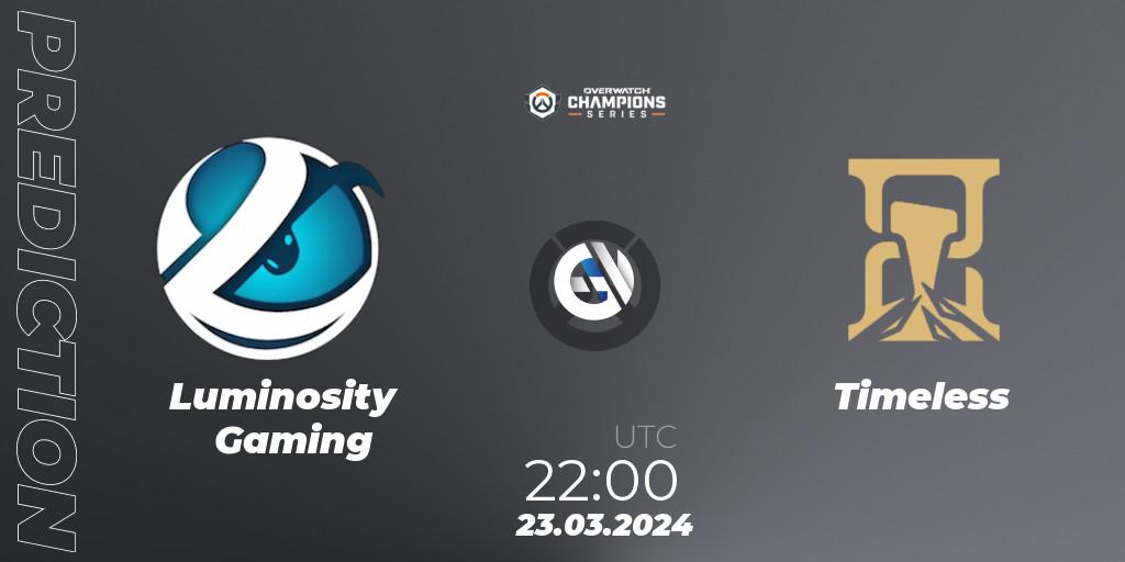 Luminosity Gaming contre Timeless : prédiction de match. 23.03.2024 at 22:00. Overwatch, Overwatch Champions Series 2024 - North America Stage 1 Main Event
