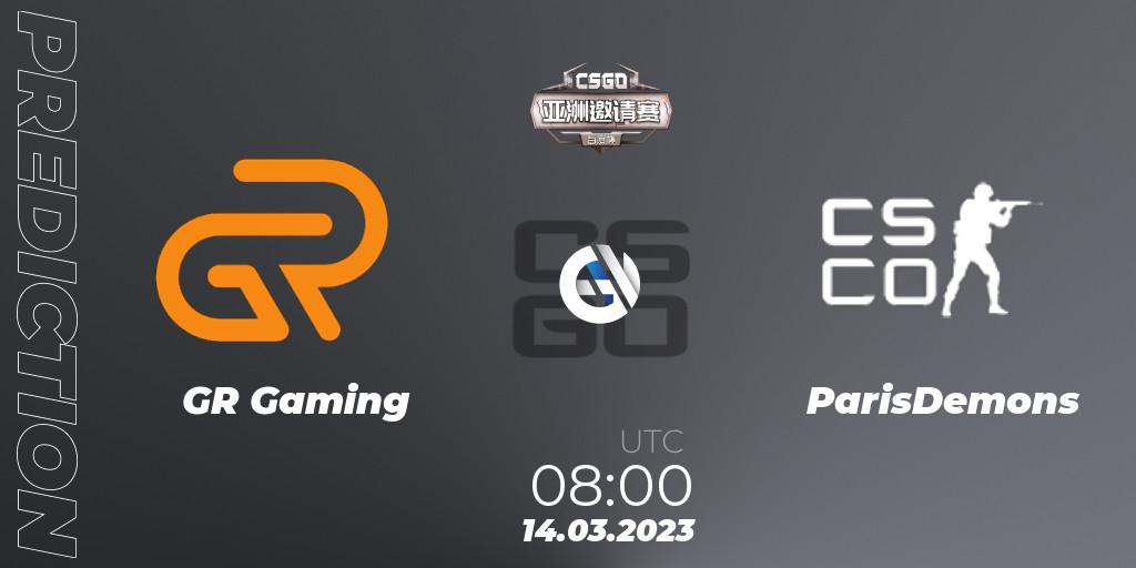 GR Gaming contre ParisDemons : prédiction de match. 14.03.2023 at 08:00. Counter-Strike (CS2), Baidu Cup Invitational #2