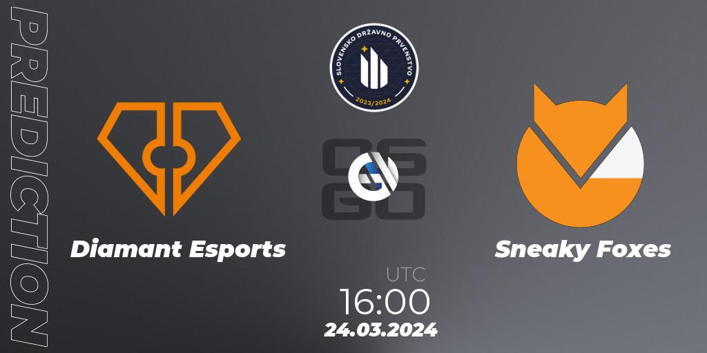 Diamant Esports contre Sneaky Foxes : prédiction de match. 05.04.2024 at 15:00. Counter-Strike (CS2), Slovenian National Championship 2024