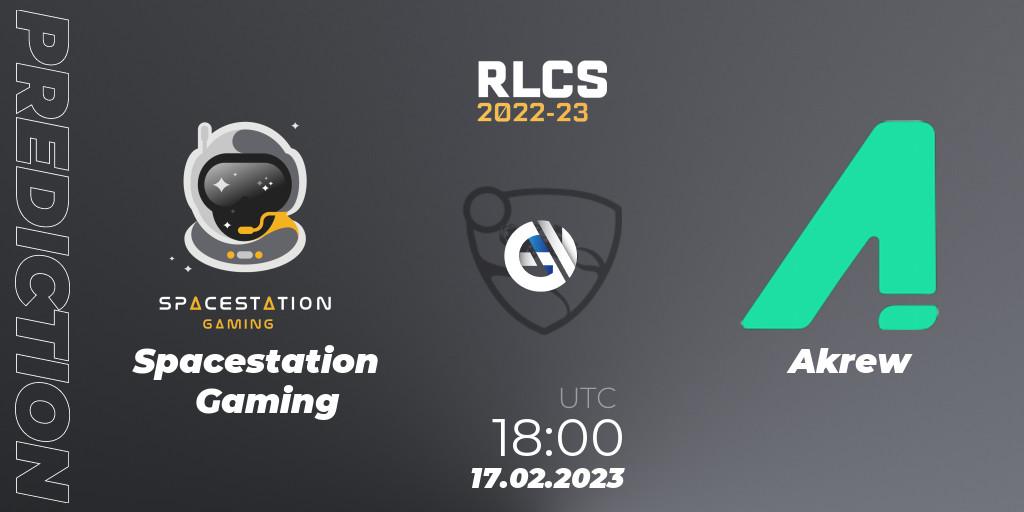 Spacestation Gaming contre Akrew : prédiction de match. 17.02.2023 at 18:00. Rocket League, RLCS 2022-23 - Winter: North America Regional 2 - Winter Cup