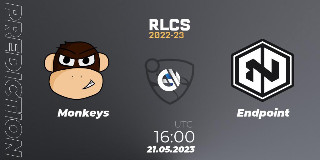 Monkeys contre Endpoint : prédiction de match. 21.05.2023 at 16:00. Rocket League, RLCS 2022-23 - Spring: Europe Regional 2 - Spring Cup: Closed Qualifier
