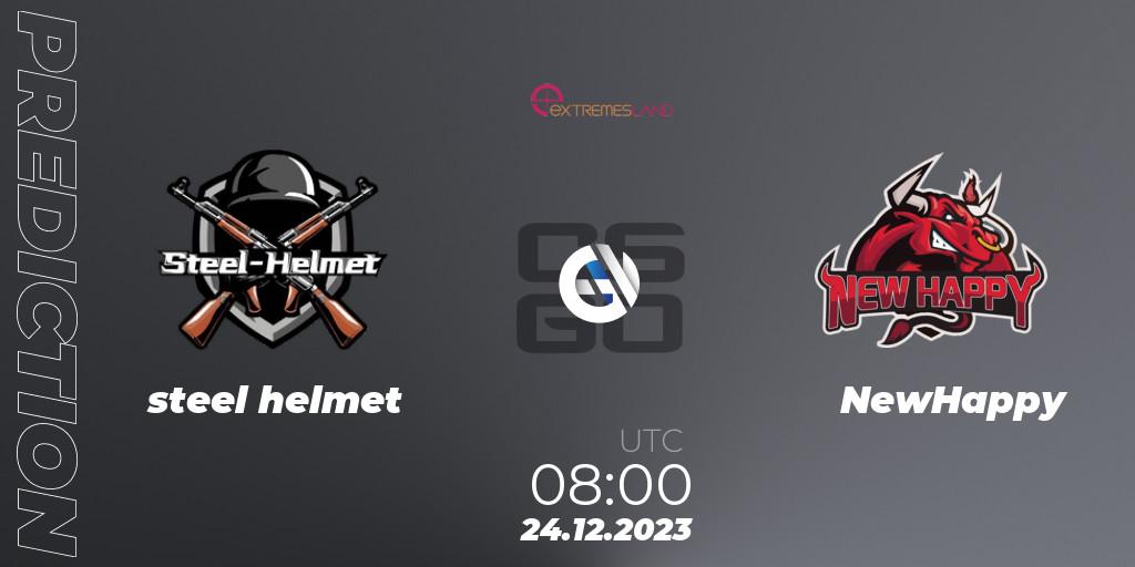steel helmet contre NewHappy : prédiction de match. 24.12.2023 at 09:00. Counter-Strike (CS2), eXTREMESLAND 2023: Chinese Qualifier