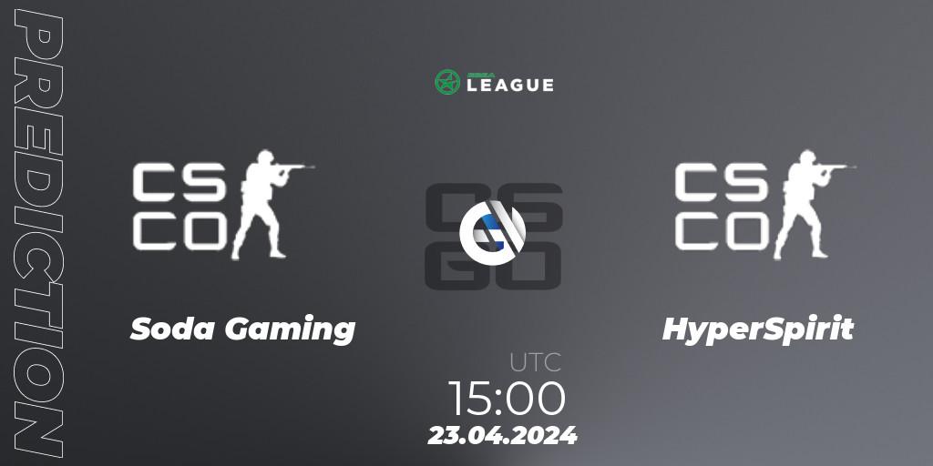 Soda Gaming contre HyperSpirit : prédiction de match. 23.04.2024 at 15:00. Counter-Strike (CS2), ESEA Season 49: Advanced Division - Europe