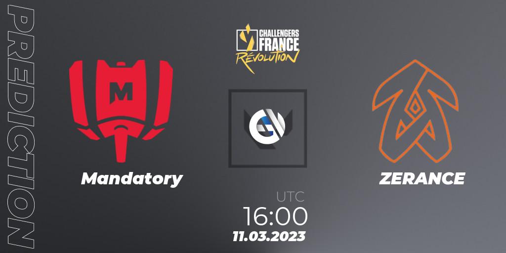 Mandatory contre ZERANCE : prédiction de match. 11.03.2023 at 16:00. VALORANT, VALORANT Challengers 2023 France: Revolution Split 1