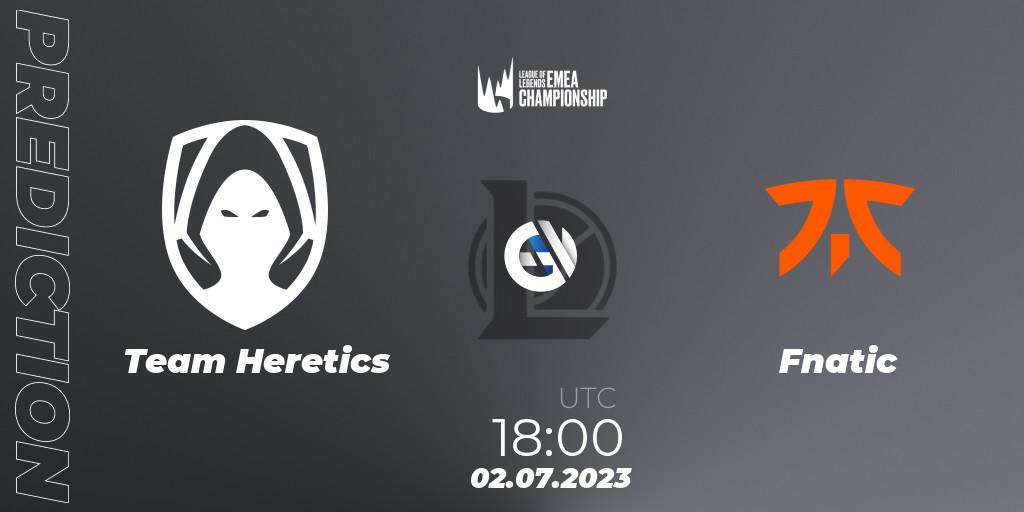 Team Heretics contre Fnatic : prédiction de match. 02.07.2023 at 18:00. LoL, LEC Summer 2023 - Regular Season