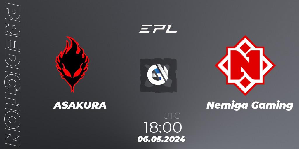 ASAKURA contre Nemiga Gaming : prédiction de match. 06.05.2024 at 18:20. Dota 2, European Pro League Season 18