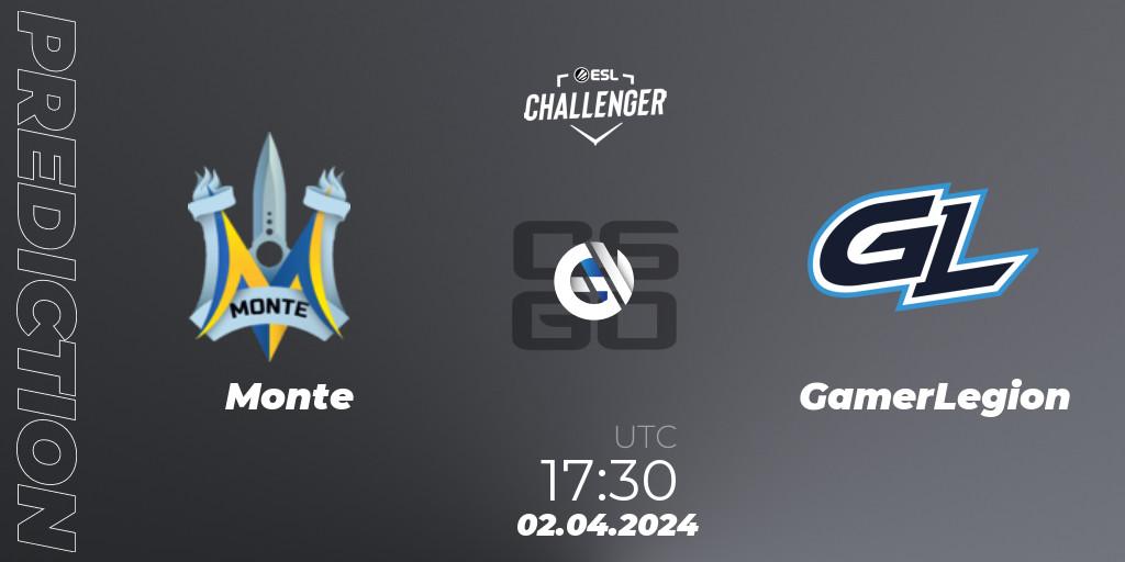 Monte contre GamerLegion : prédiction de match. 02.04.24. CS2 (CS:GO), ESL Challenger #57: European Closed Qualifier