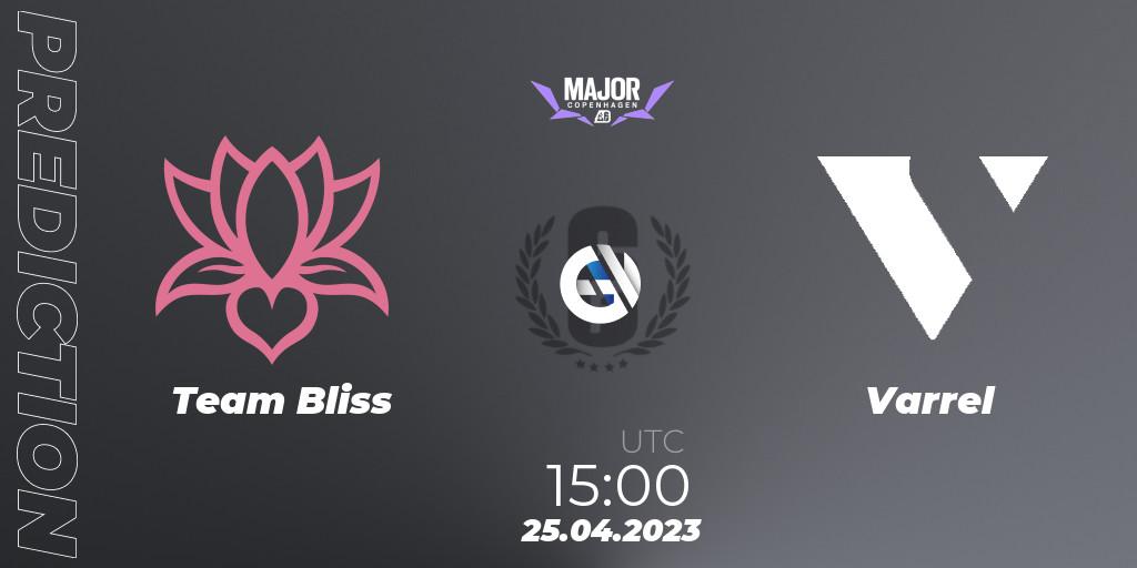 Team Bliss contre Varrel : prédiction de match. 25.04.2023 at 15:00. Rainbow Six, BLAST R6 Major Copenhagen 2023