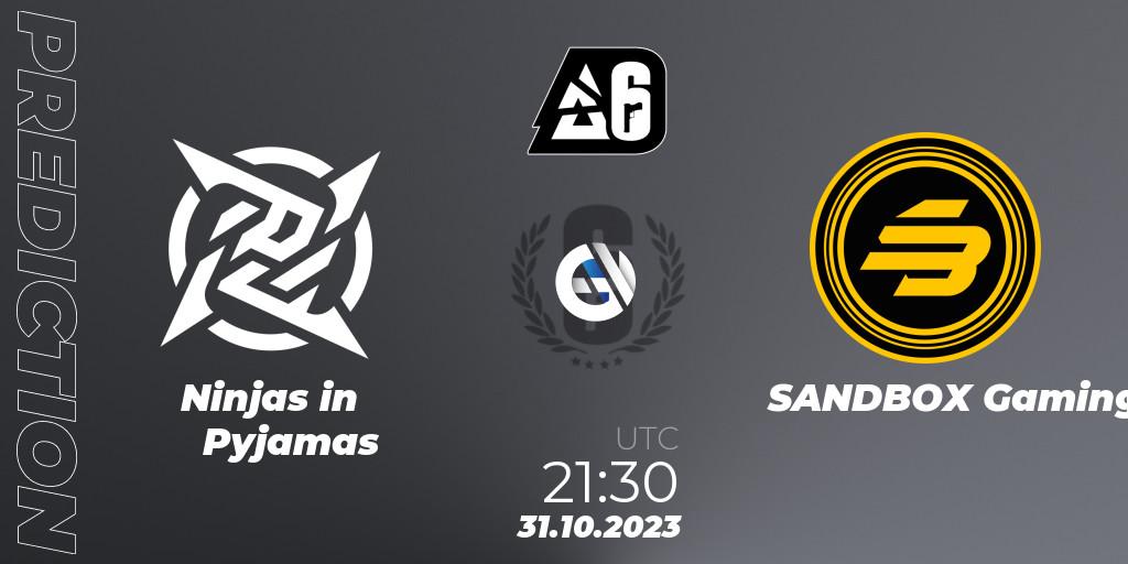 Ninjas in Pyjamas contre SANDBOX Gaming : prédiction de match. 31.10.2023 at 21:30. Rainbow Six, BLAST Major USA 2023
