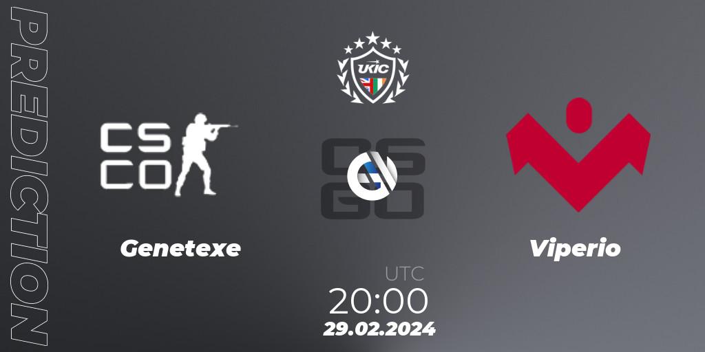 Genetexe contre Viperio : prédiction de match. 29.02.2024 at 20:00. Counter-Strike (CS2), UKIC League Season 1: Division 1