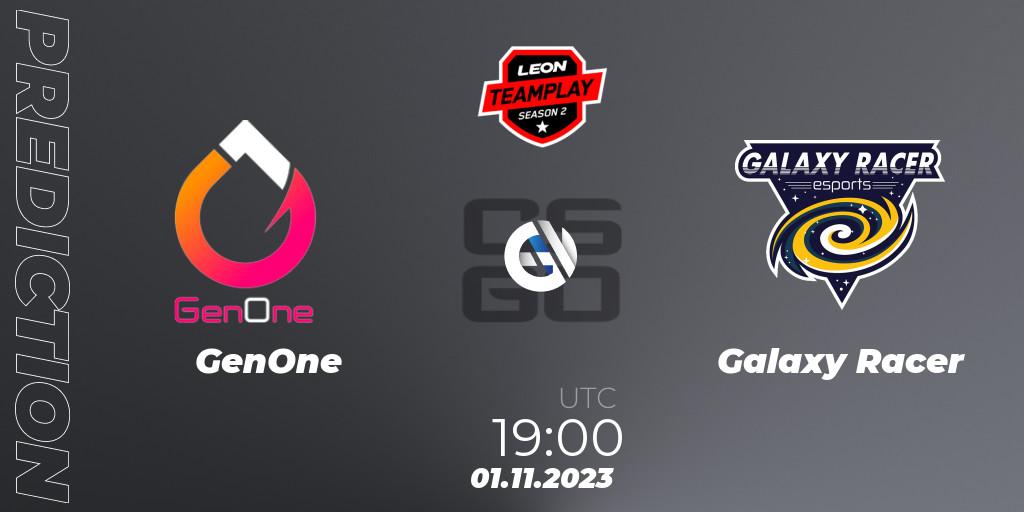 GenOne contre Galaxy Racer : prédiction de match. 01.11.2023 at 19:00. Counter-Strike (CS2), LEON x TEAMPLAY Season 2: Closed Qualifier