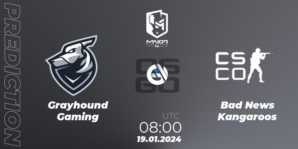 Grayhound Gaming contre Bad News KangaroosN : prédiction de match. 19.01.2024 at 08:00. Counter-Strike (CS2), PGL CS2 Major Copenhagen 2024 Oceania RMR Closed Qualifier