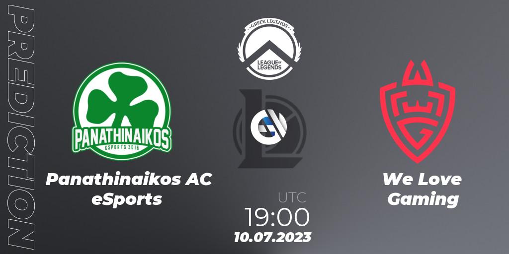 Panathinaikos AC eSports contre We Love Gaming : prédiction de match. 10.07.2023 at 19:30. LoL, Greek Legends League Summer 2023