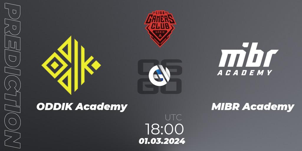 ODDIK Academy contre MIBR Academy : prédiction de match. 01.03.2024 at 18:00. Counter-Strike (CS2), Gamers Club Liga Série A: February 2024
