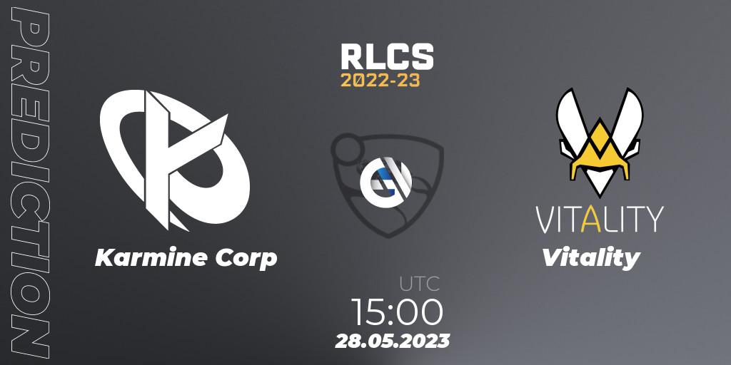 Karmine Corp contre Vitality : prédiction de match. 28.05.2023 at 15:00. Rocket League, RLCS 2022-23 - Spring: Europe Regional 2 - Spring Cup