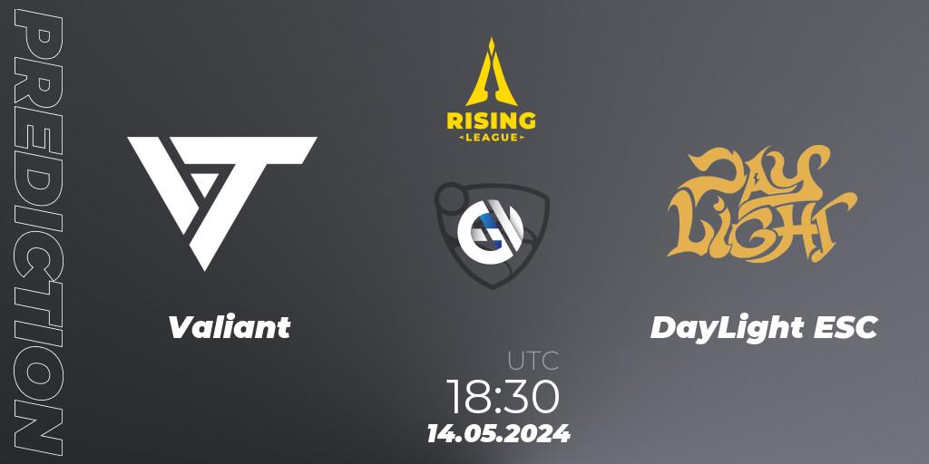 Valiant contre DayLight ESC : prédiction de match. 14.05.2024 at 18:40. Rocket League, Rising League 2024 — Split 1 — Main Event