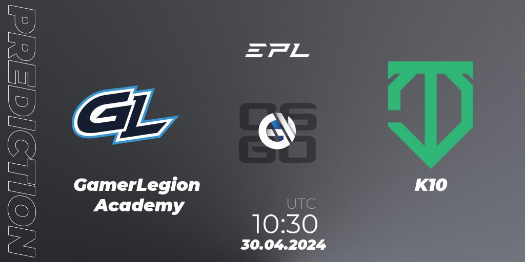 GamerLegion Academy contre K10 : prédiction de match. 30.04.2024 at 11:15. Counter-Strike (CS2), European Pro League Season 17: Division 2