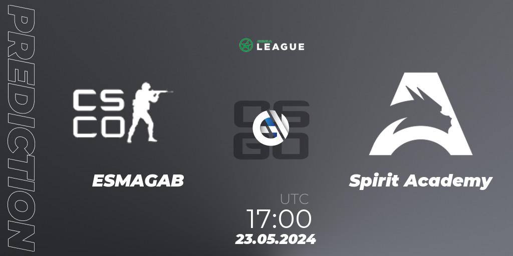 ESMAGAB contre Spirit Academy : prédiction de match. 23.05.2024 at 17:00. Counter-Strike (CS2), ESEA Season 49: Advanced Division - Europe