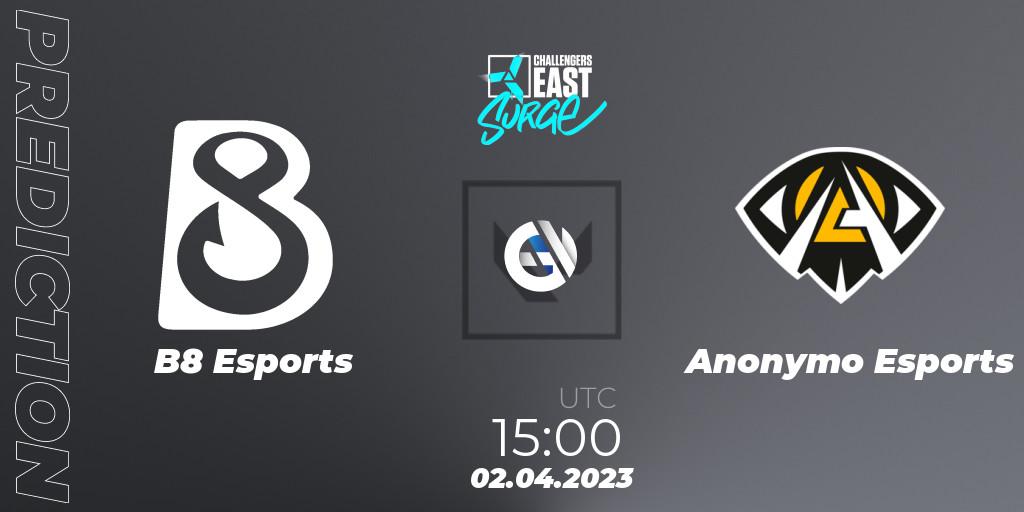 B8 Esports contre Anonymo Esports : prédiction de match. 02.04.23. VALORANT, VALORANT Challengers 2023 East: Surge Split 2