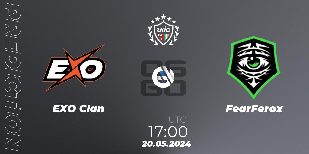 EXO Clan contre FearFerox : prédiction de match. 20.05.2024 at 17:00. Counter-Strike (CS2), UKIC League Season 2: Division 1