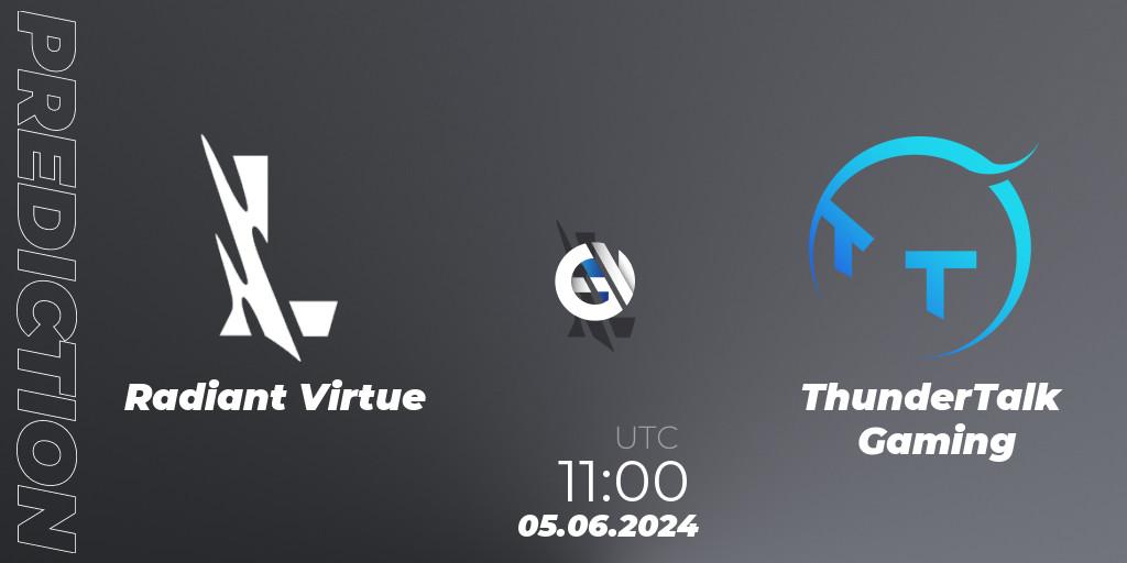 Radiant Virtue contre ThunderTalk Gaming : prédiction de match. 05.06.2024 at 11:00. Wild Rift, Wild Rift Super League Summer 2024 - 5v5 Tournament Group Stage