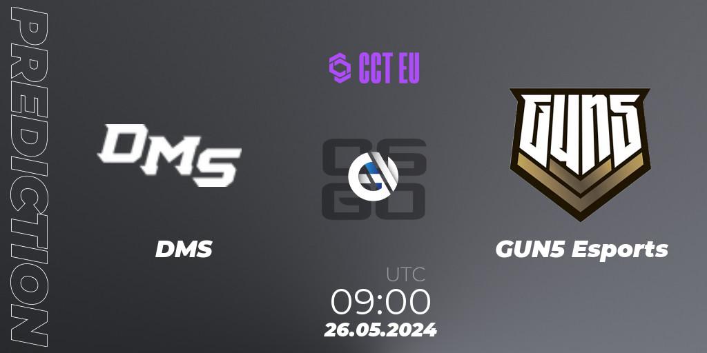 DMS contre GUN5 Esports : prédiction de match. 26.05.2024 at 09:00. Counter-Strike (CS2), CCT Season 2 Europe Series 4