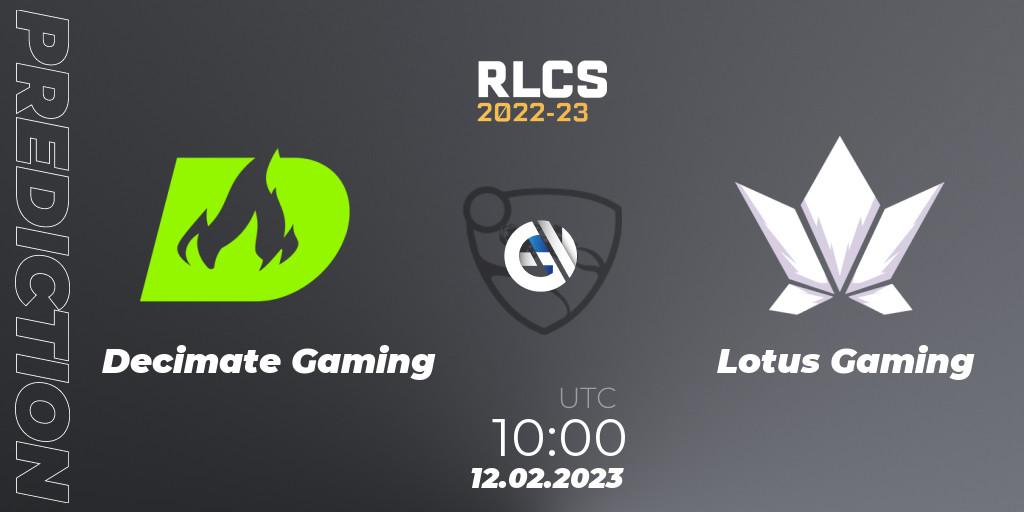 Decimate Gaming contre Lotus Gaming : prédiction de match. 12.02.2023 at 11:00. Rocket League, RLCS 2022-23 - Winter: Asia-Pacific Regional 2 - Winter Cup