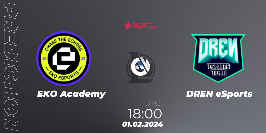 EKO Academy contre DREN eSports : prédiction de match. 01.02.2024 at 18:00. LoL, LoL Italian Tournament Spring 2024