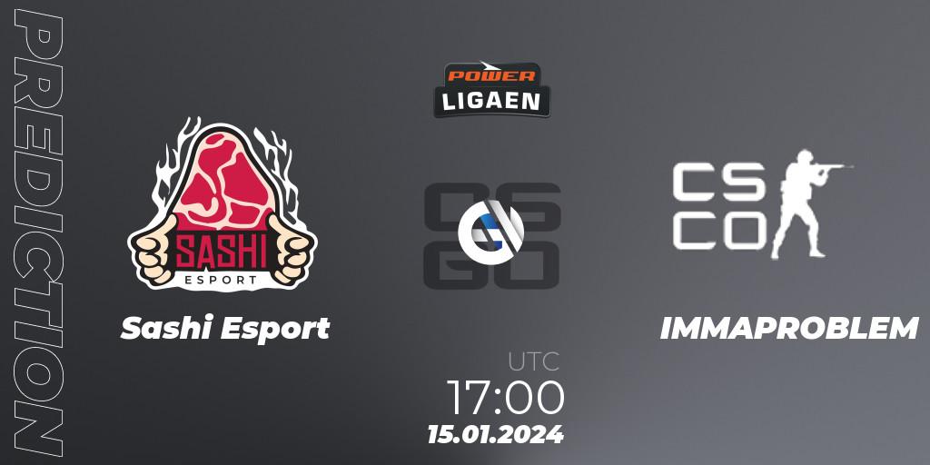 Sashi Esport contre IMMAPROBLEM : prédiction de match. 22.01.2024 at 19:00. Counter-Strike (CS2), Dust2.dk Ligaen Season 25